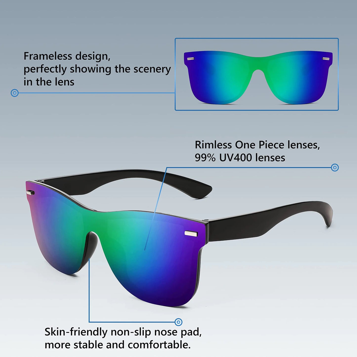 Lunettes de soleil sans monture FEISEDY avec lentille réfléchissante - B4114