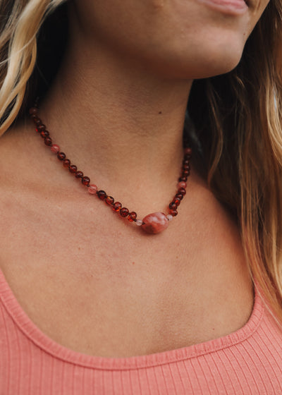 Cognac Baltic Sea Amber || Cherry + Rose Quartz || Necklace - Korvel