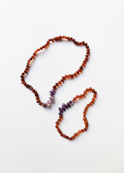 Conjunto de Collar de Ámbar Báltico Cognac Crudo y Amatista
