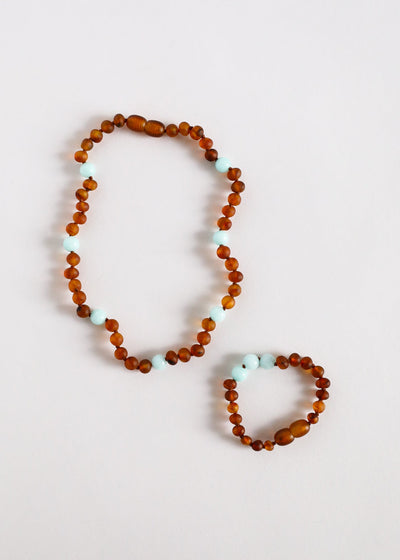 Collar Halo de Ámbar Báltico Cognac Crudo y Amazonita