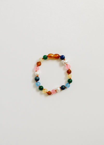 Pulsera de Ámbar Báltico Crudo y Perlas con Piedras Preciosas Rosadas
