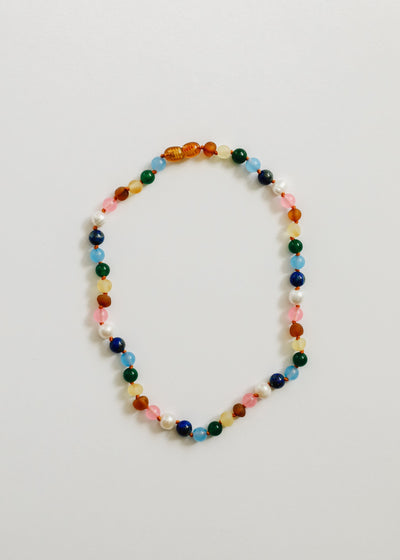Collar de Ámbar Báltico Crudo y Perlas con Piedras Preciosas Rosadas