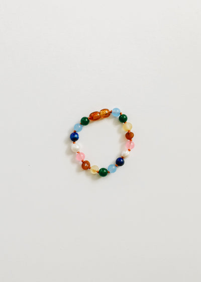 Pulsera de Ámbar Báltico Crudo y Perlas con Piedras Preciosas Rosadas