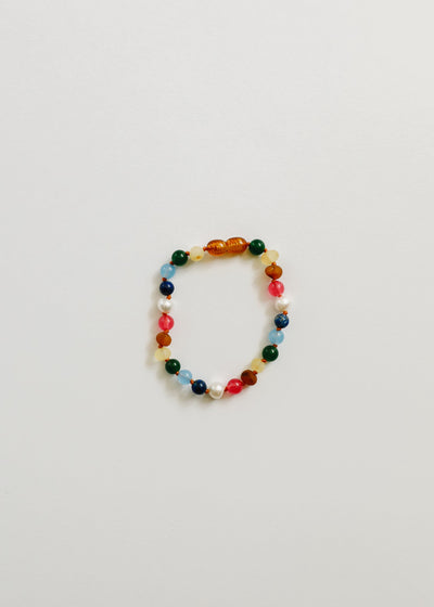 Pulsera de Ámbar Báltico Crudo y Perlas con Piedras Preciosas Rosadas