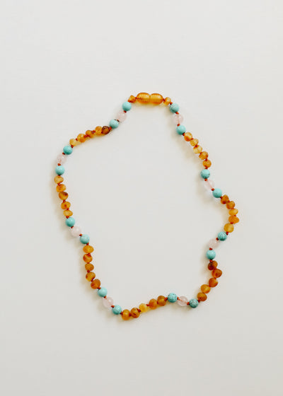 Raw Honey Baltic Amber and Natural Turquoise + Rose Quartz || Necklace - Korvel