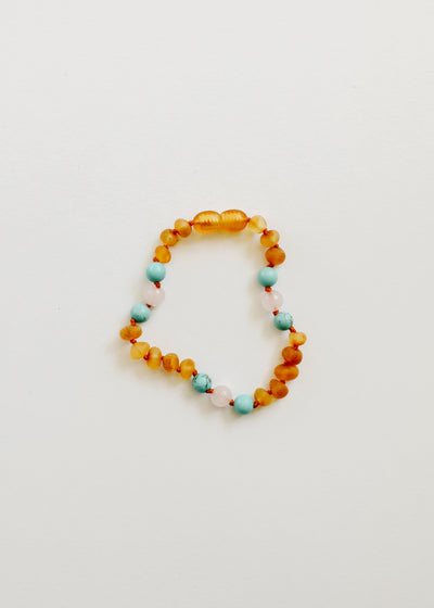 Pulsera/Anklet de Ámbar Báltico de Miel Cruda y Turquesa Natural