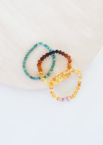 Natural Turquoise, Ombre, and Raw Amber Bracelet Set