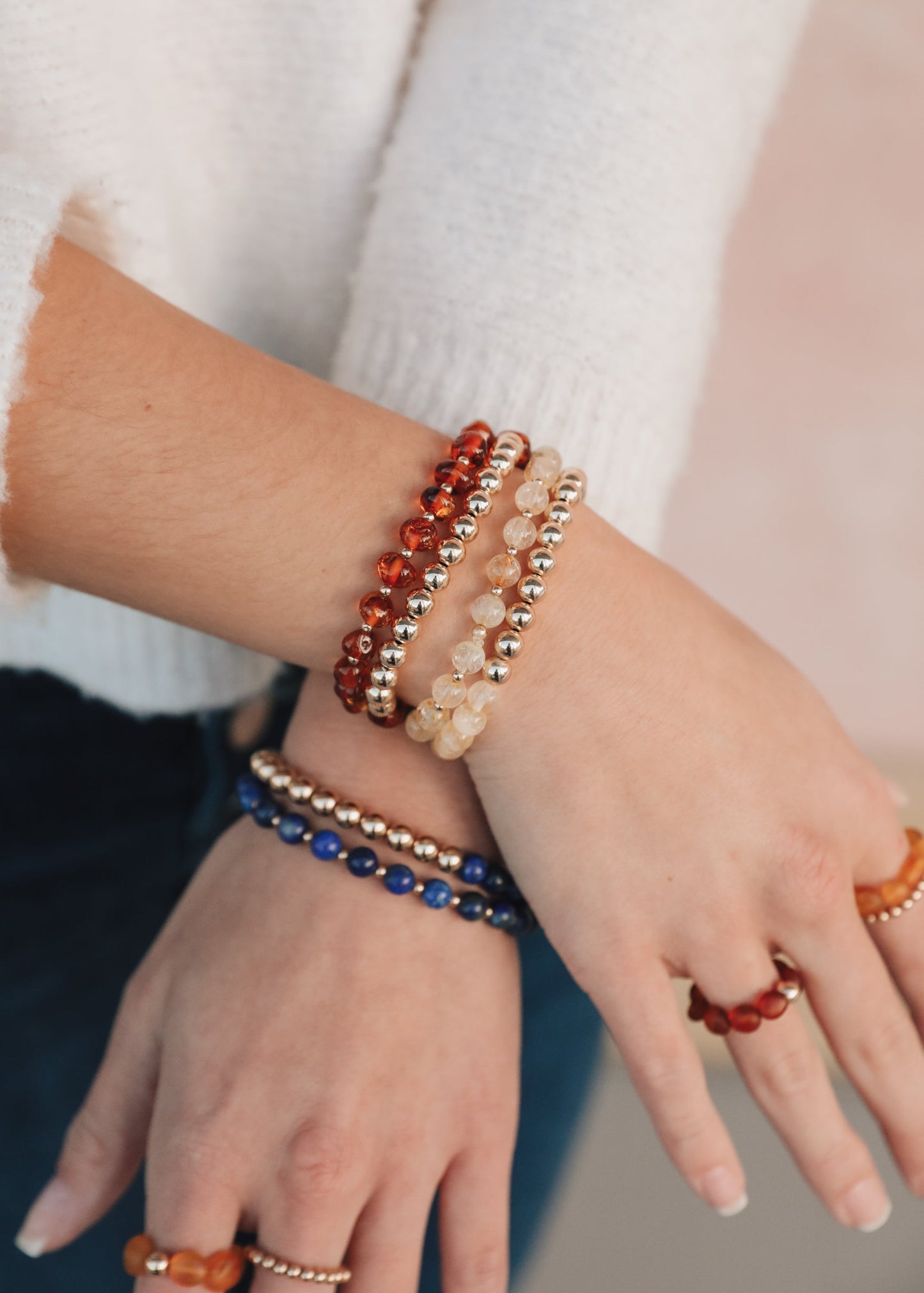 Citrine Gemstone + 14K Gold Filled Beaded Stretch Bracelet - Korvel