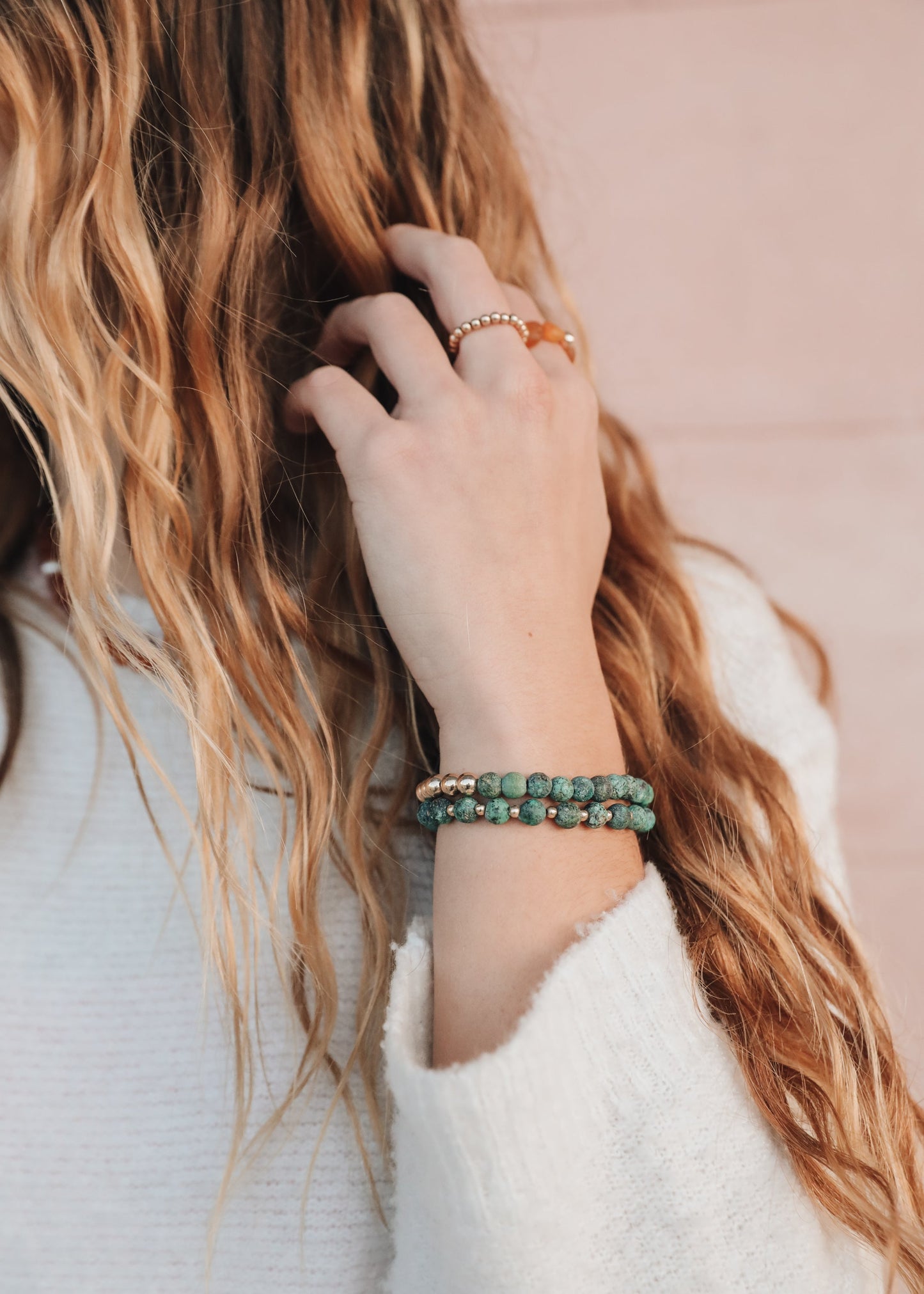 Bracelet Sun + Lune en Jaspe Turquoise 14k Or Rempli
