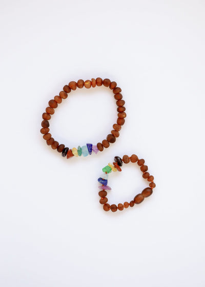 Pulsera/Tobillera de Ámbar Báltico Cognac Crudo y Cristales de Chakra