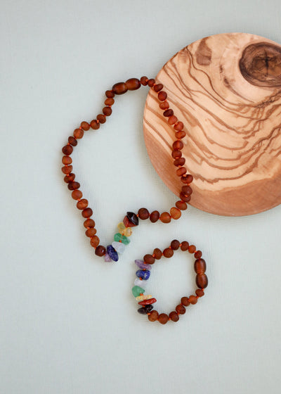 Pulsera/Tobillera de Ámbar Báltico Cognac Crudo y Cristales de Chakra