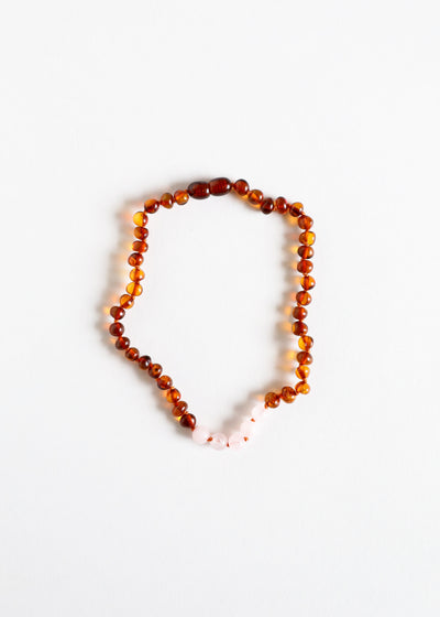 Polished Cognac Baltic Amber + Rose Quartz || Necklace - Korvel