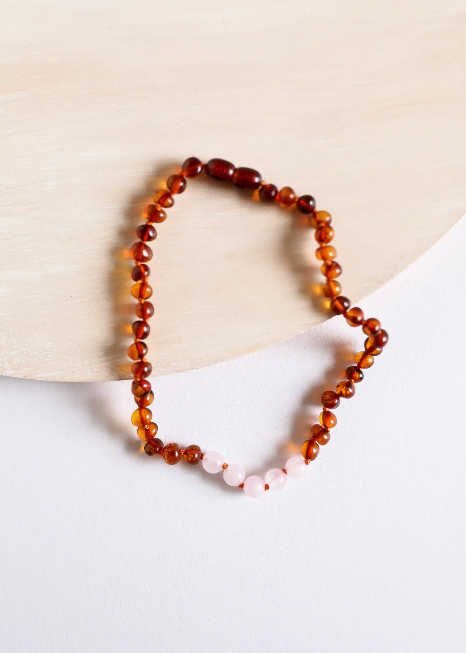 Polished Cognac Baltic Amber + Rose Quartz || Necklace - Korvel