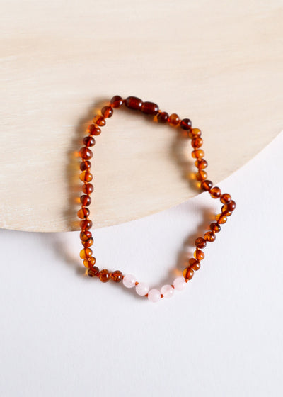 Polished Cognac Baltic Amber + Rose Quartz || Necklace - Korvel