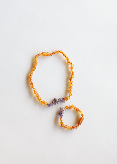 Raw Honey Baltic Amber & Amethyst Kids Jewelry Set