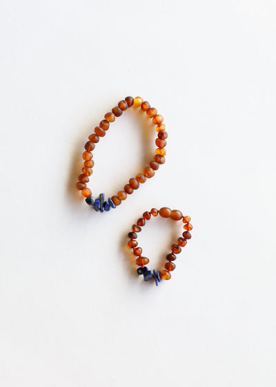 Conjunto de Pulseras de Ámbar Báltico Cognac Crudo y Lapislázuli