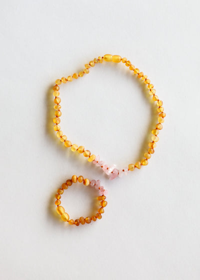 Raw Honey Baltic Amber & Rose Quartz Kids Jewelry Set