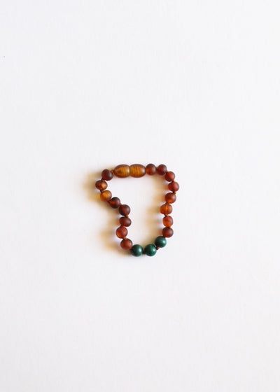 Tobillo o Pulsera de Ámbar Báltico Cognac Crudo y Malaquita