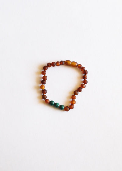 Tobillo o Pulsera de Ámbar Báltico Cognac Crudo y Malaquita