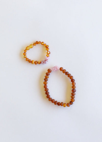 Raw Cognac Baltic Amber & Rose Quartz Bracelet Set
