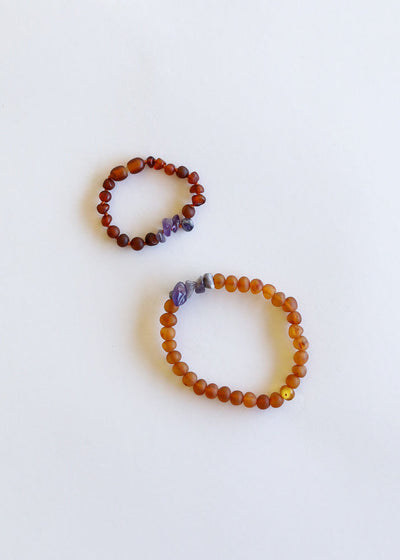 Conjunto de Pulseras de Ámbar Báltico Cognac Crudo y Amatista