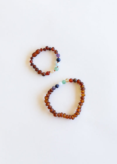 Raw Cognac Baltic Amber & Chakra Crystals Bracelet Set