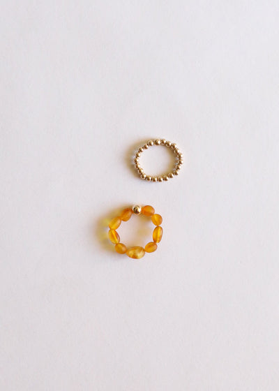 Raw Honey Baltic Amber & 14K Gold Filled Beaded Ring Stack