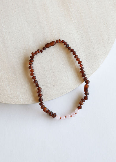 Raw Cognac Baltic Amber + Rose Quartz || Necklace - Korvel