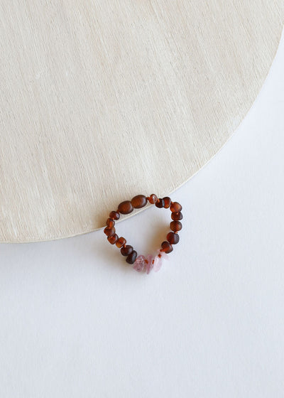 Anklet/Bracelete de Ámbar Cognac Báltico y Cuarzo Rosa Crudo