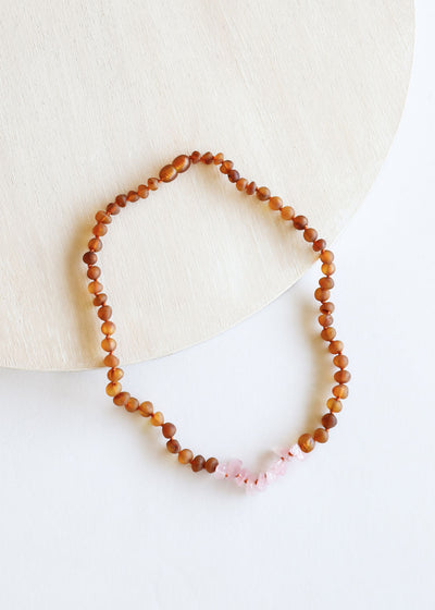 Raw Cognac Baltic Amber + Raw Rose Quartz || Necklace - Korvel