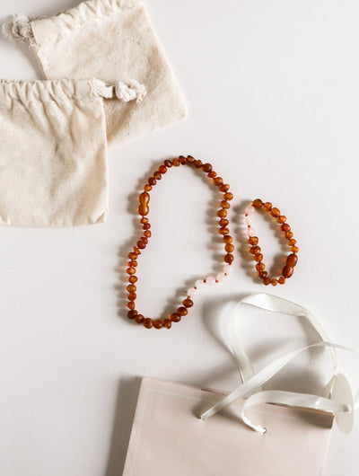 Raw Cognac Baltic Amber & Rose Quartz Kids Jewelry Set