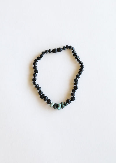 Collar de Ámbar Báltico Negro Crudo y Jaspe Turquesa Hecho a Mano