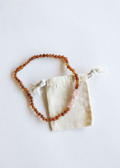 Raw Cognac Baltic Amber + Raw Rose Quartz || Necklace - Korvel