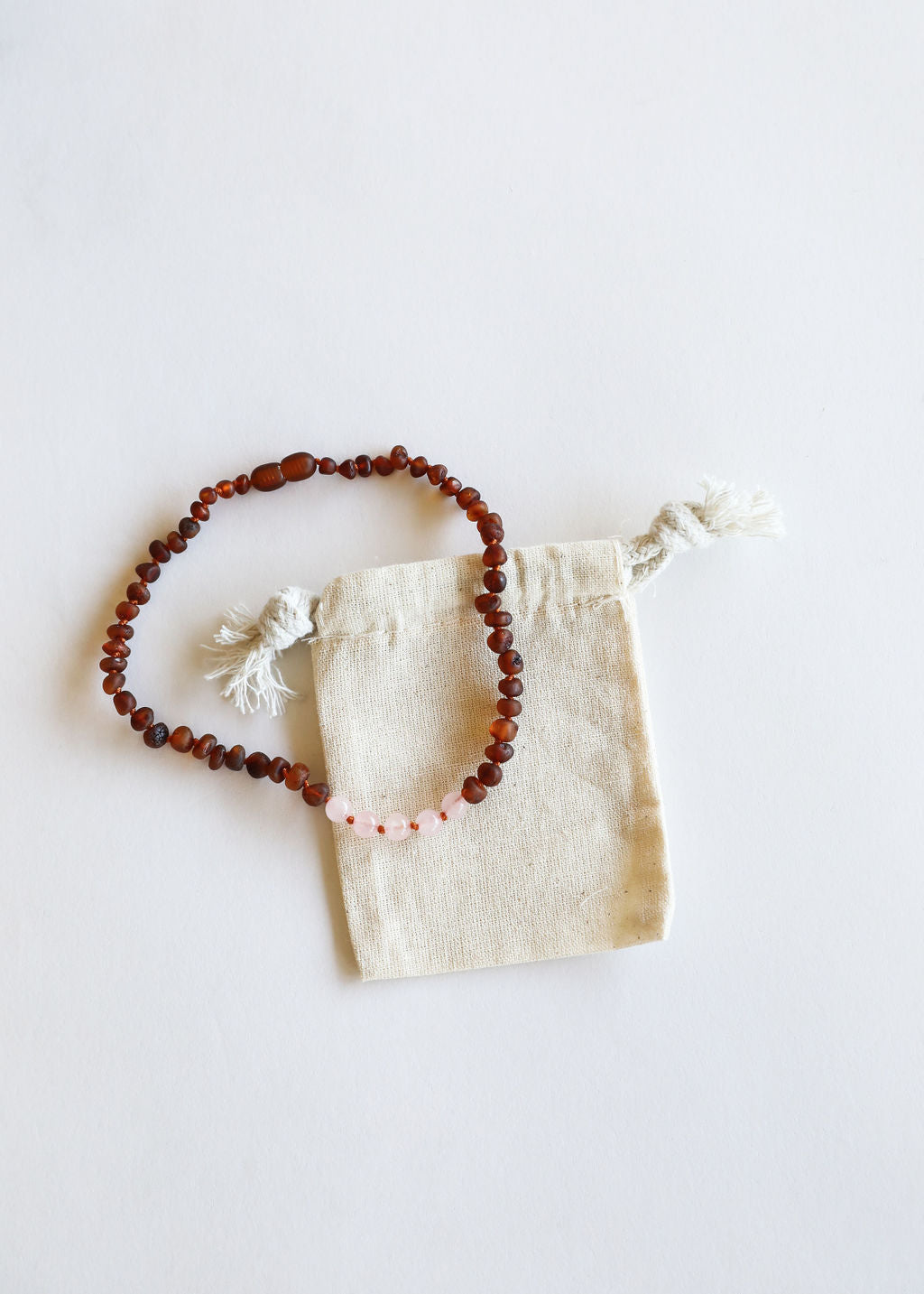 Polished Cognac Baltic Amber + Rose Quartz || Necklace - Korvel
