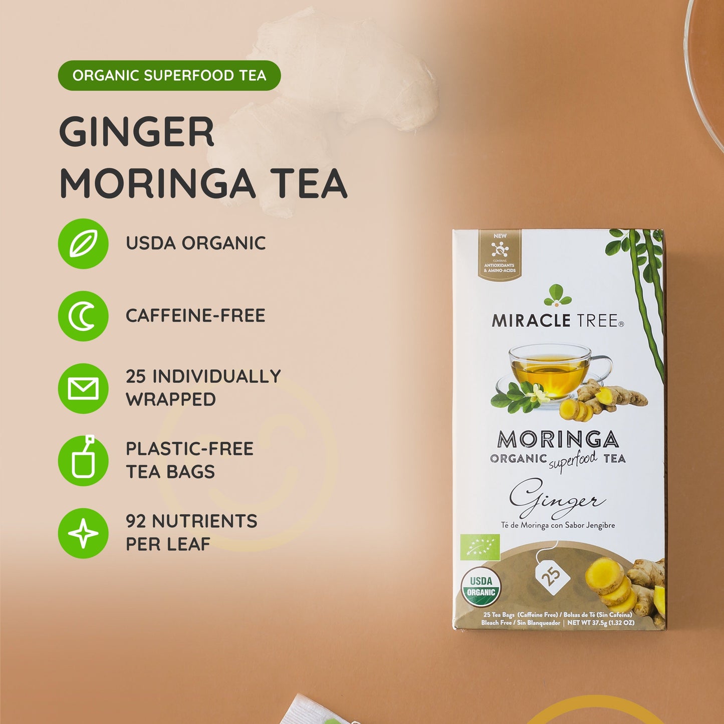 Té Orgánico de Moringa con Jengibre - 25 Bolsitas de Té Envueltas