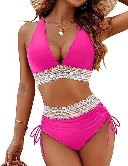 Color Block Drawstring Bikini Set