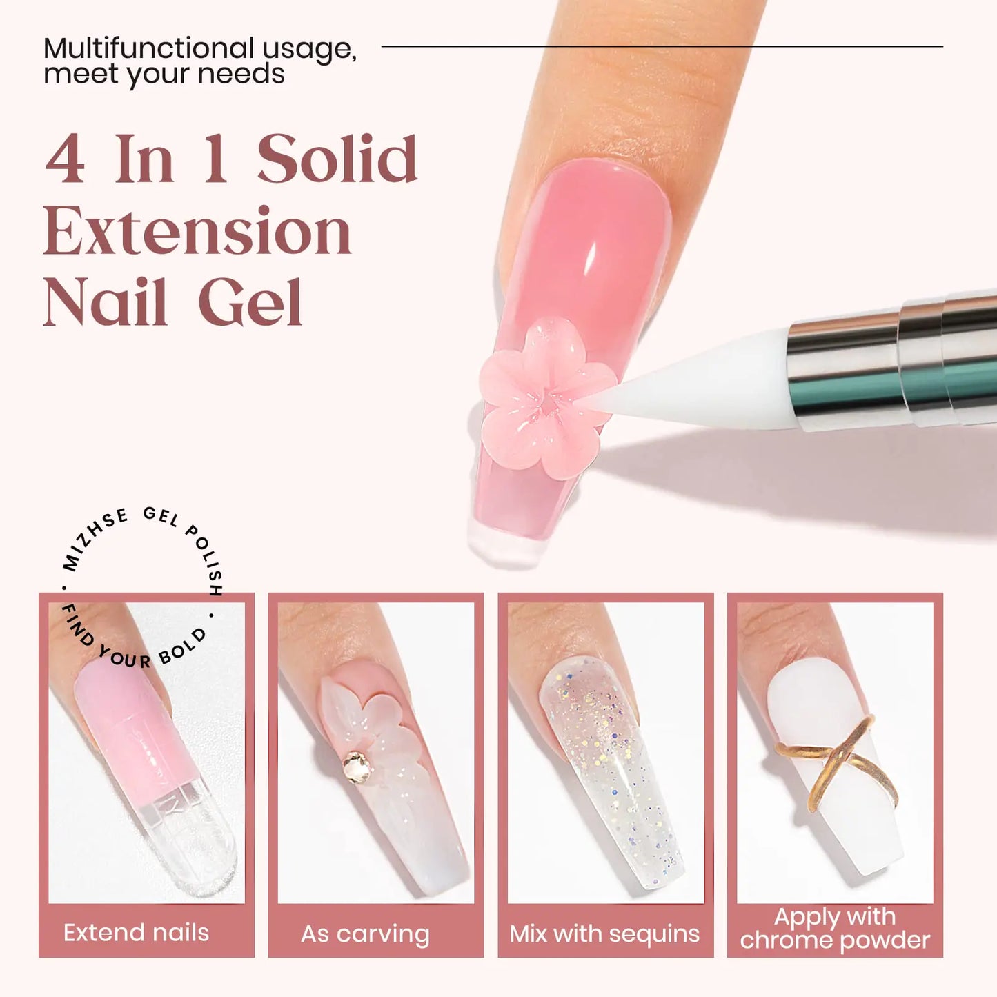 MIZHSE Solid Builder Gel - 4 Classic Colors for Nail Art