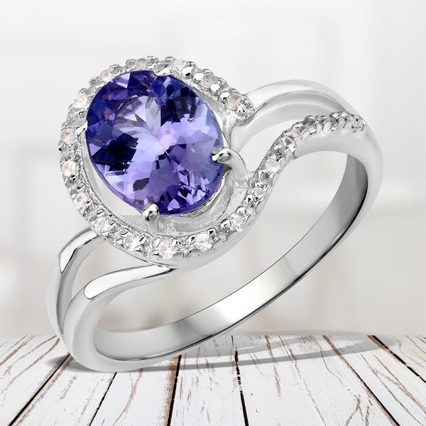 Bague en argent sterling avec tanzanite véritable de 1,82 carat et zircon blanc