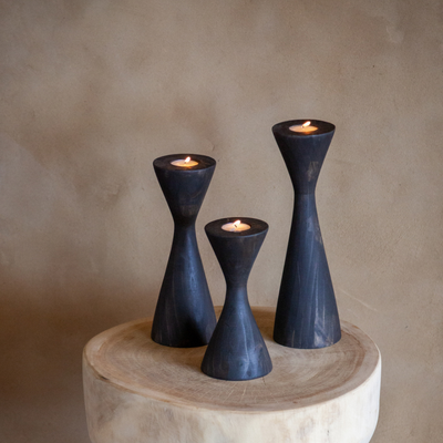 Portavelas de Madera Geo para Vela de Té - Blanco, Negro, Natural