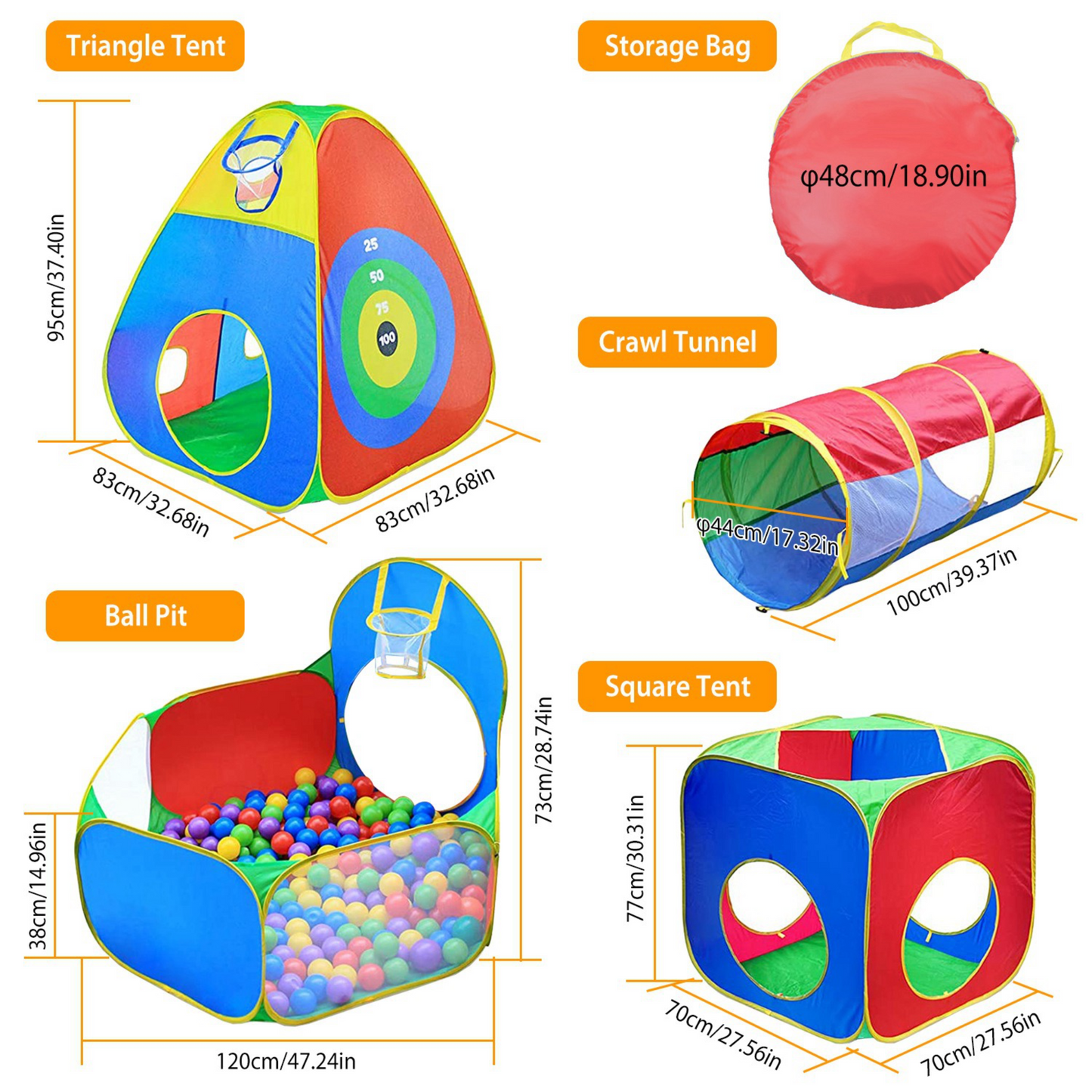 Ensemble de Tente de Balles pour Enfants de 5 Pièces avec Tunnels de Rampement
