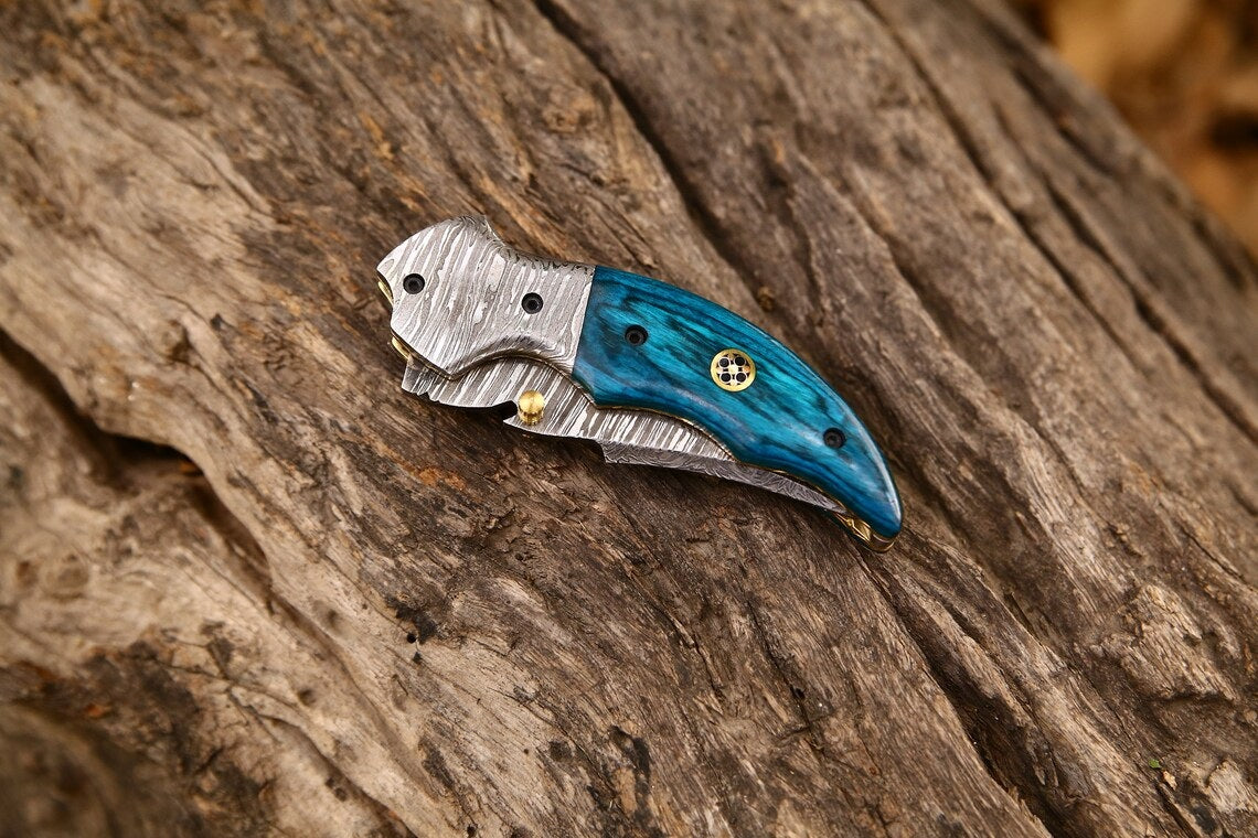 Exquisite Custom Damascus Steel EDC Folding Knife – Unique Wood Handle, 3-Inch Blade, Leather Sheath – Perfect for Weddings - Korvel