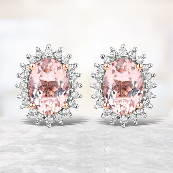 1.61 Carat Genuine Morganite and White Diamond Halo Earrings