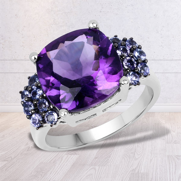 6.34 Carat Genuine Amethyst and Tanzanite Sterling Silver Ring