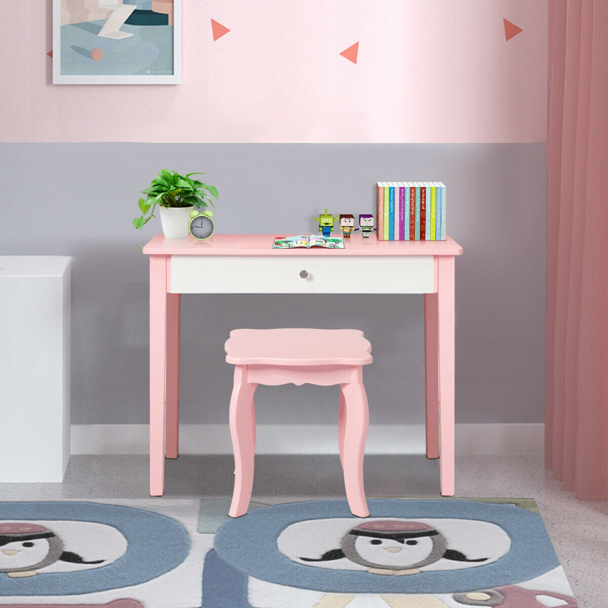 Kids Princess Make Up Dressing Table with Tri-folding Mirror - Pink