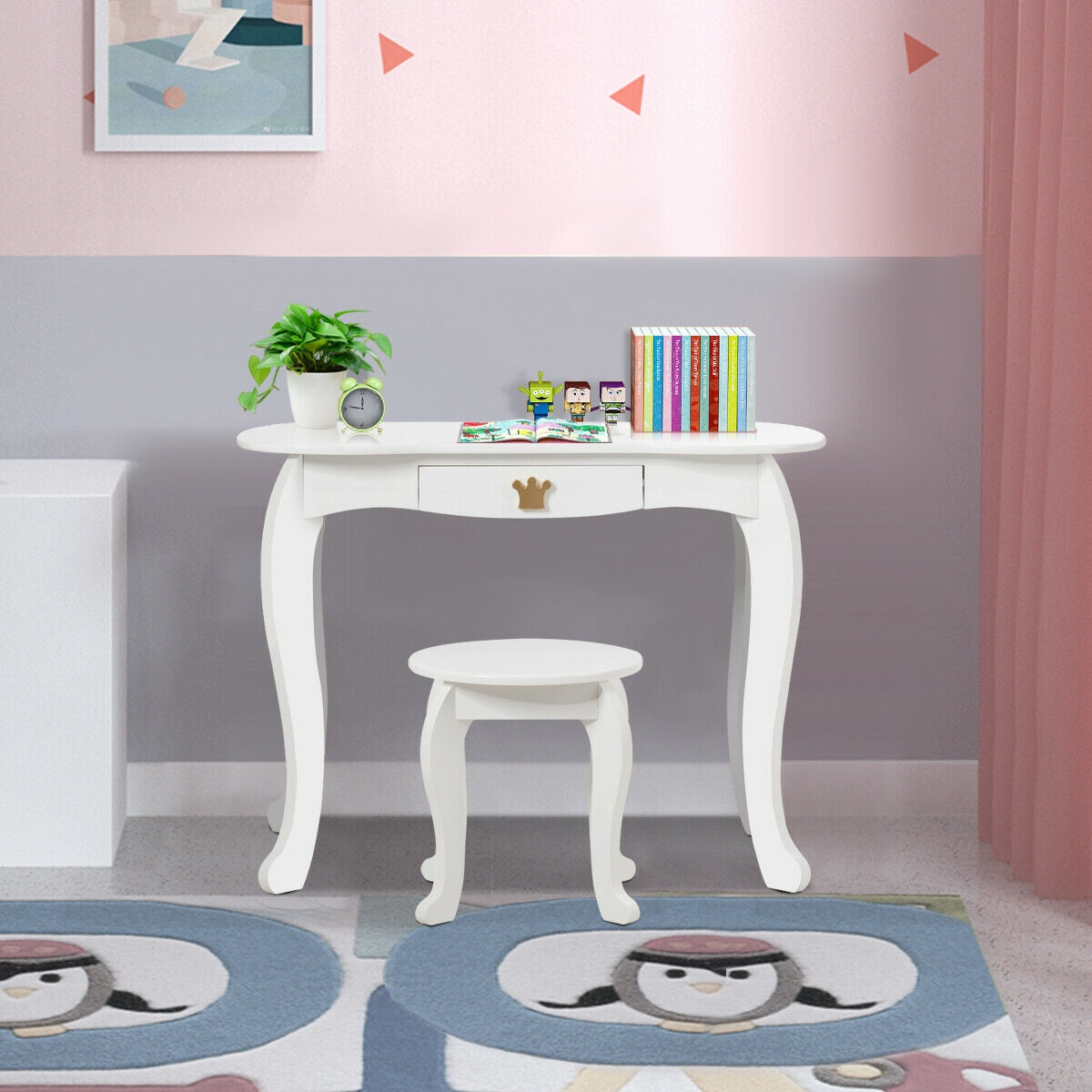 Kids Makeup Dressing Table with Tri-fold Mirror and Stool - White