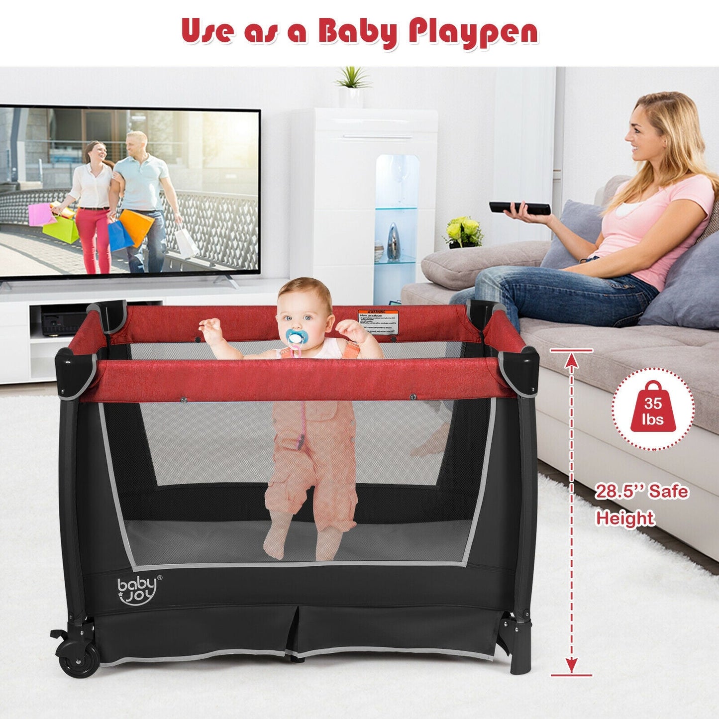 4-in-1 Convertible Portable Baby Play Yard with Toys & Music - Red
