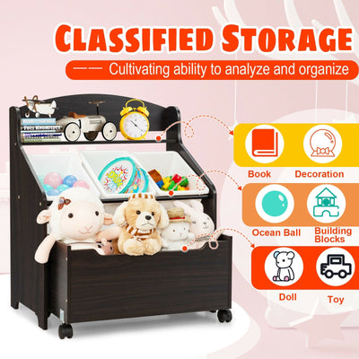 Kids Wooden Toy Storage Unit with Rolling Toy Box - Espresso