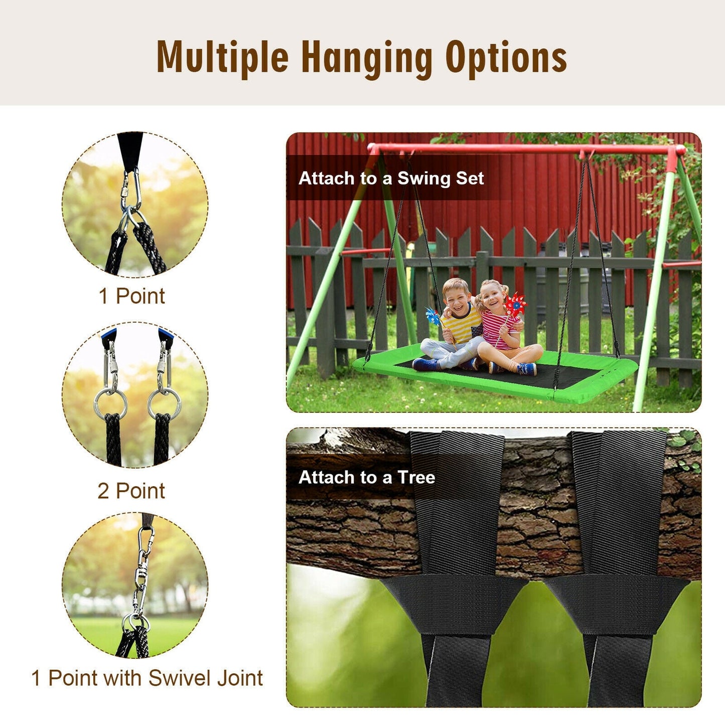 60-Inch Outdoor Platform Tree Swing with Hanging Straps - Green