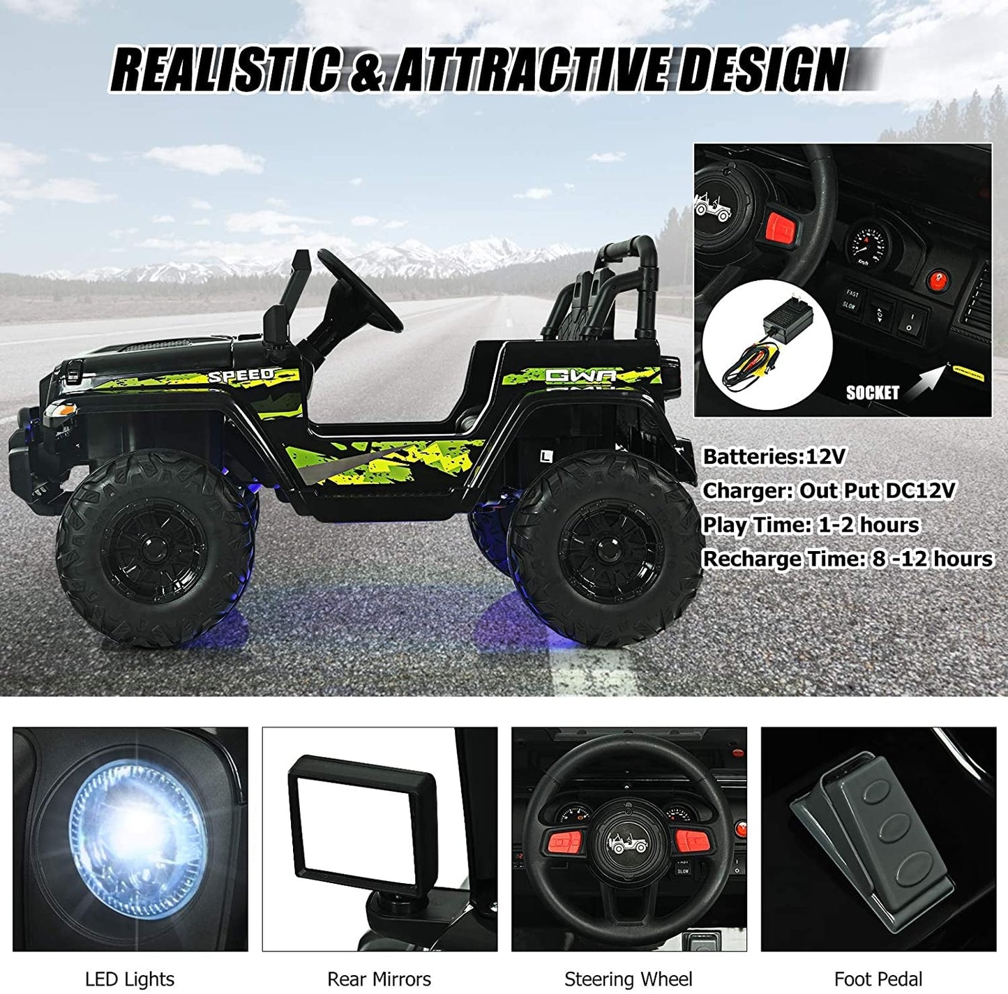 Voiture Jeep électrique pour enfants 12V avec télécommande - Noir et Vert