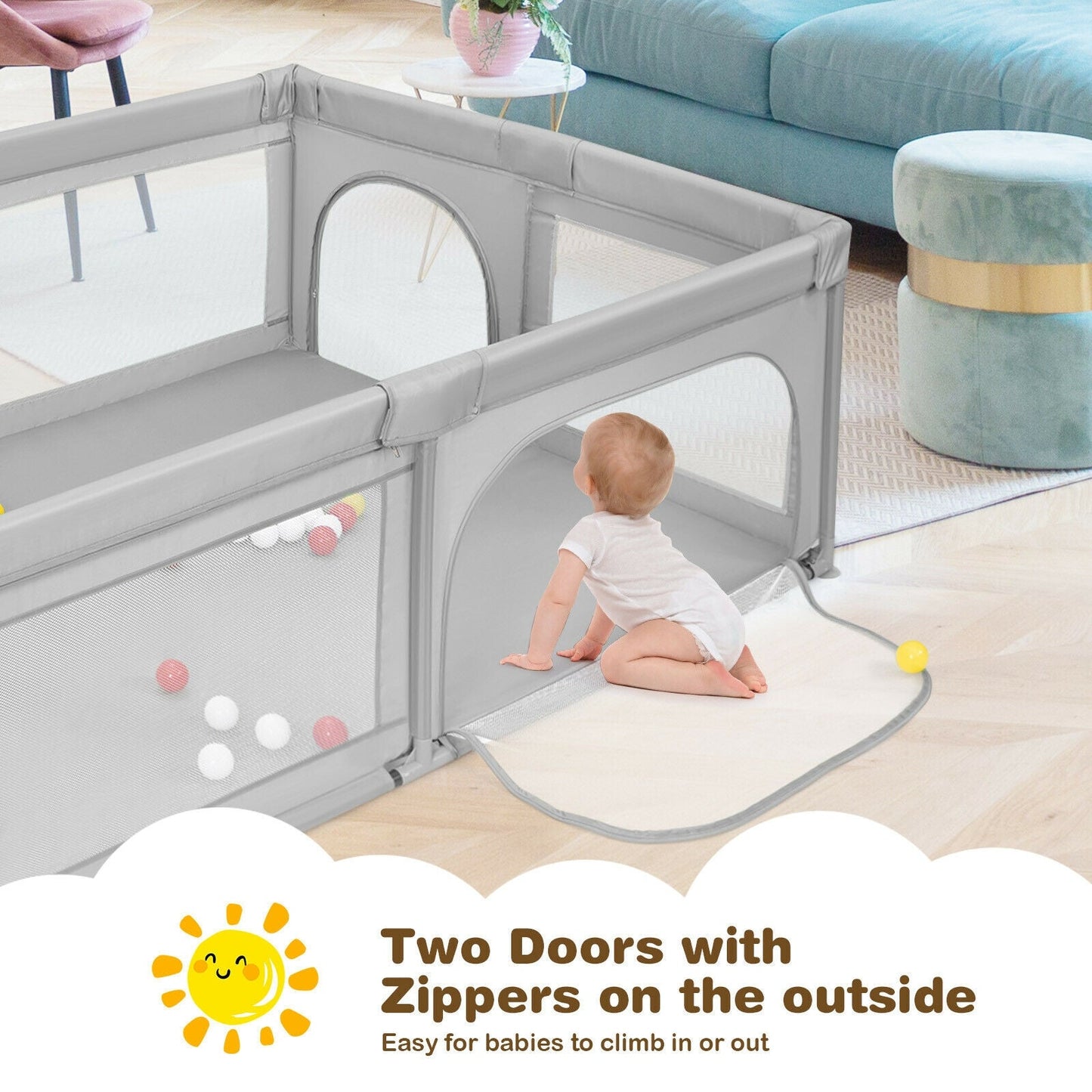 Barrière de sécurité pour bébé extra-large avec 50 balles océaniques - Gris